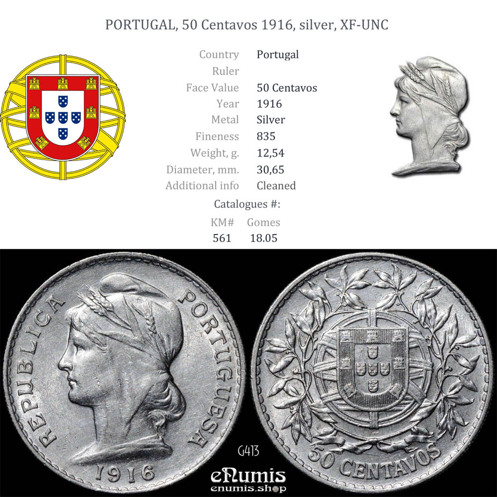 PORTUGAL, 50 Centavos 1916, silver, XF-UNC