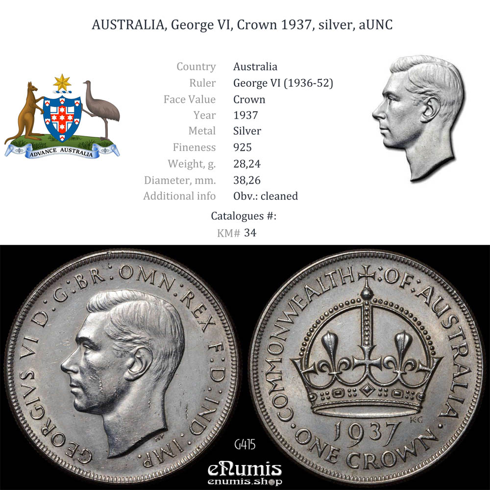AUSTRALIA, George VI, Crown 1937, silver, XF-UNC/aUNC