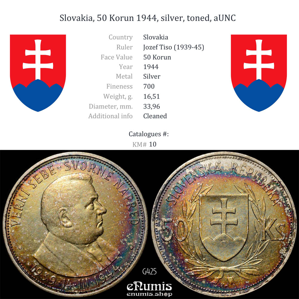 Slovakia, 50 Korun 1944, silver, toned, aUNC