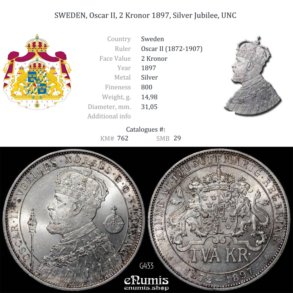 SWEDEN, Oscar II, 2 Kronor 1897, Silver Jubilee, UNC