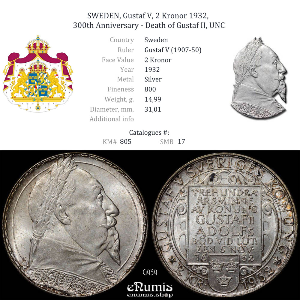 SWEDEN, Gustaf V, 2 Kronor 1932, 300th Anniversary - Death of Gustaf II, UNC