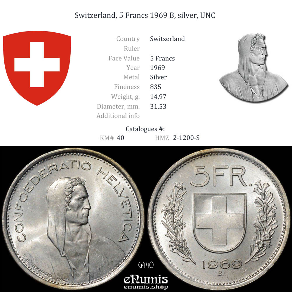 Switzerland, 5 Francs 1969 B, silver, UNC