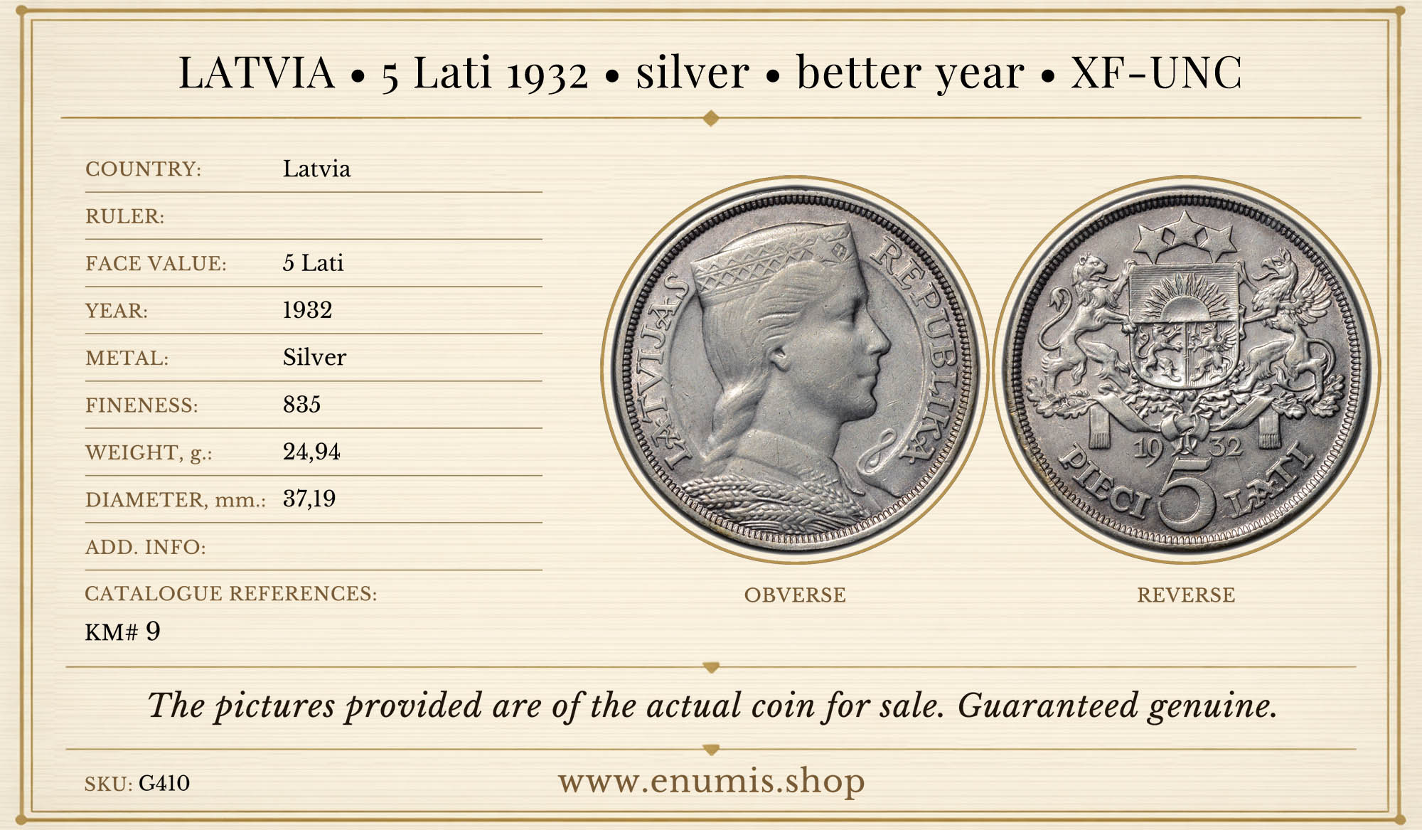 LATVIA, 5 Lati 1932, silver, better year, XF-UNC