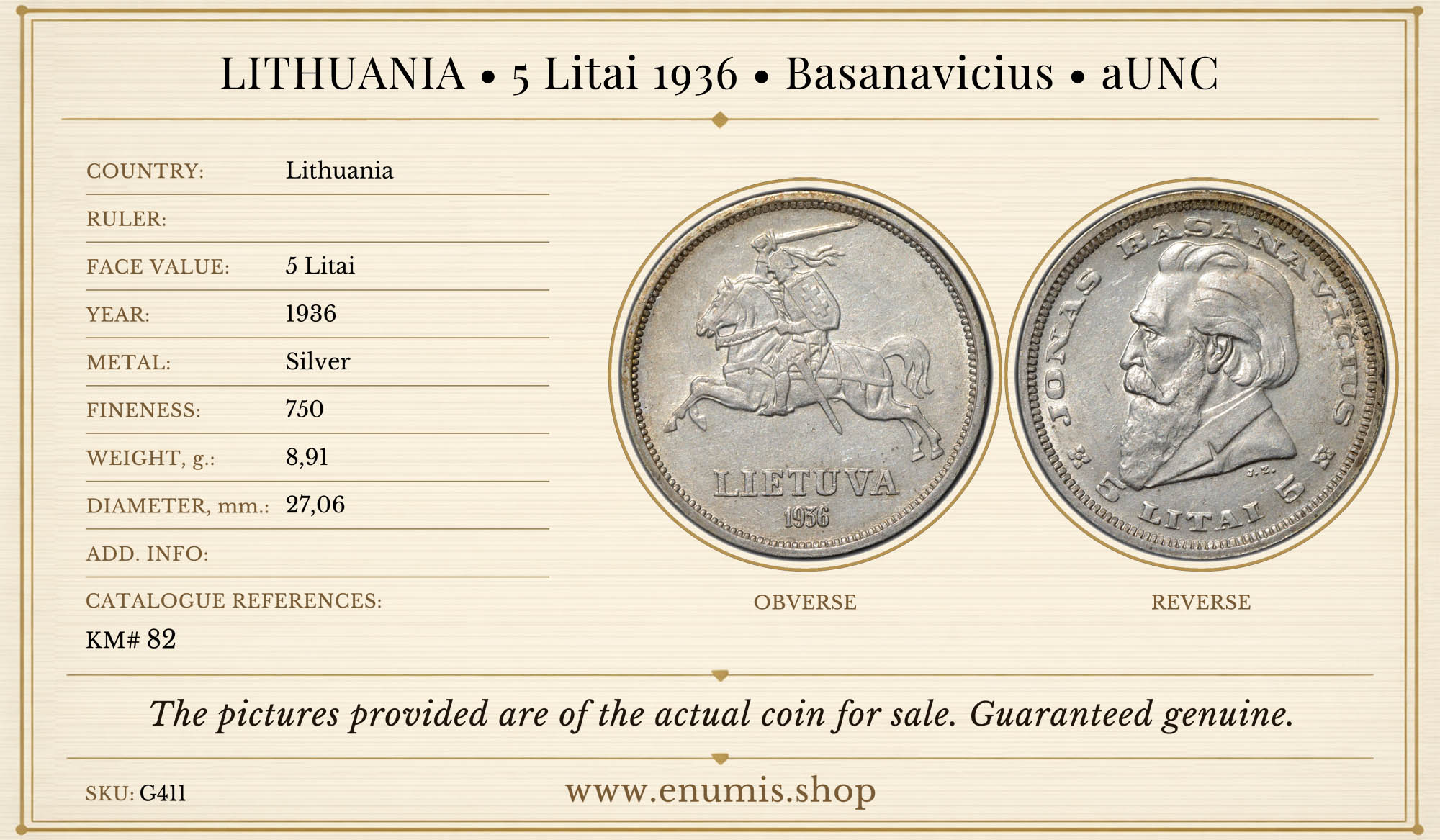 LITHUANIA, 5 Litai 1936, Basanavicius, aUNC LITHUANIA, 5 Litai 1936, Basanavicius, aUNC
