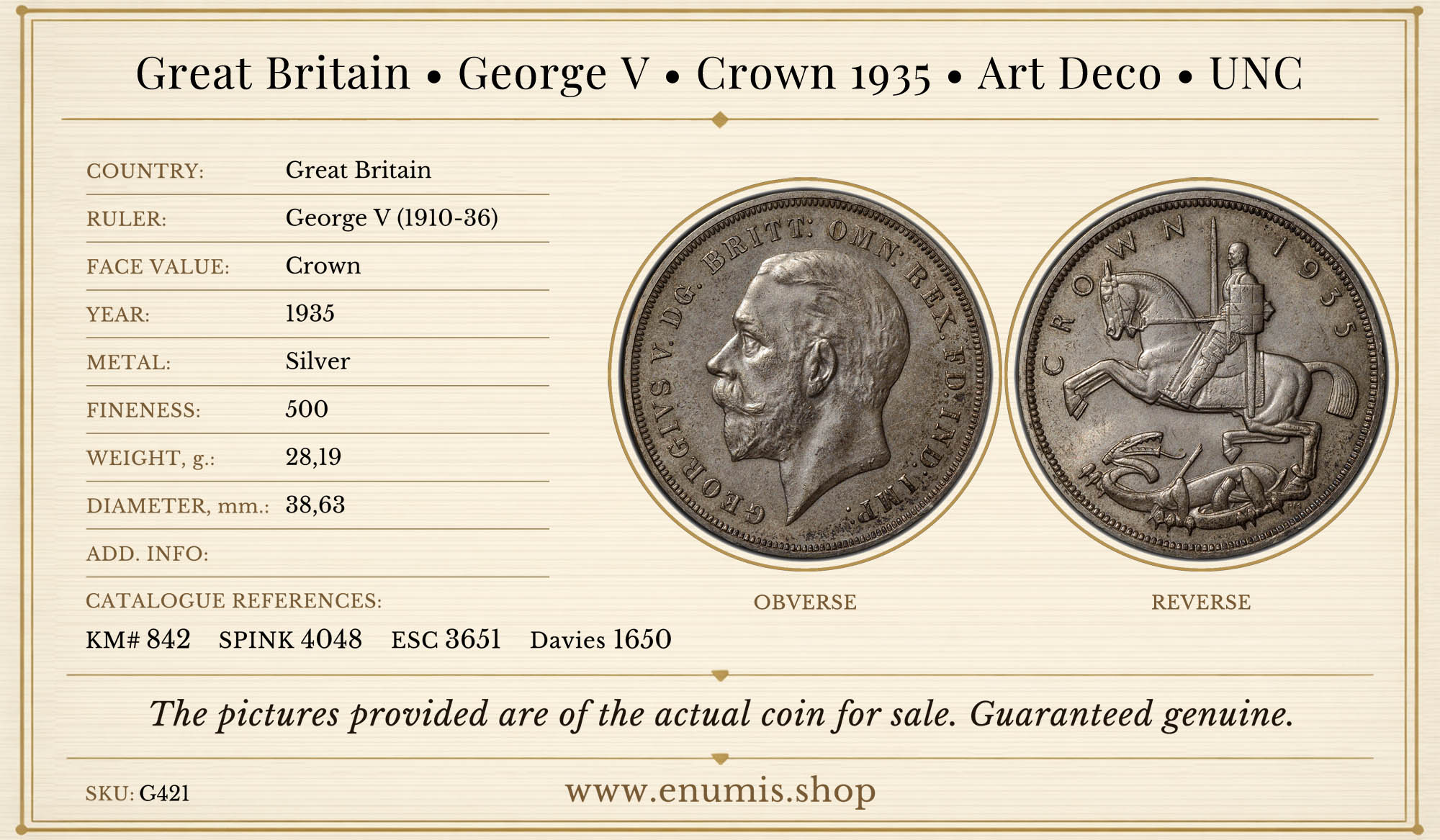 Great Britain, George V, Crown 1935, Art Deco, UNC