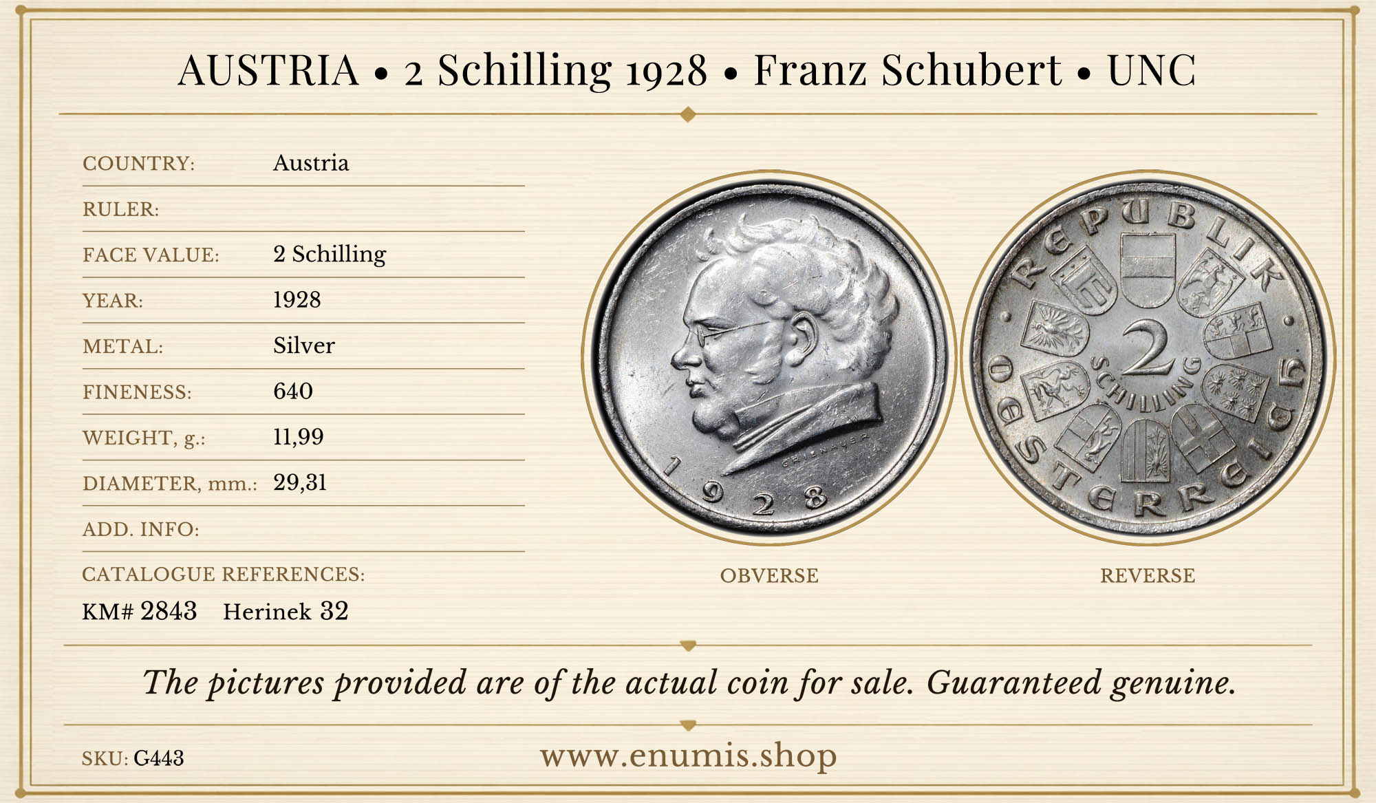 AUSTRIA, 2 Schilling 1928, Franz Schubert, UNC