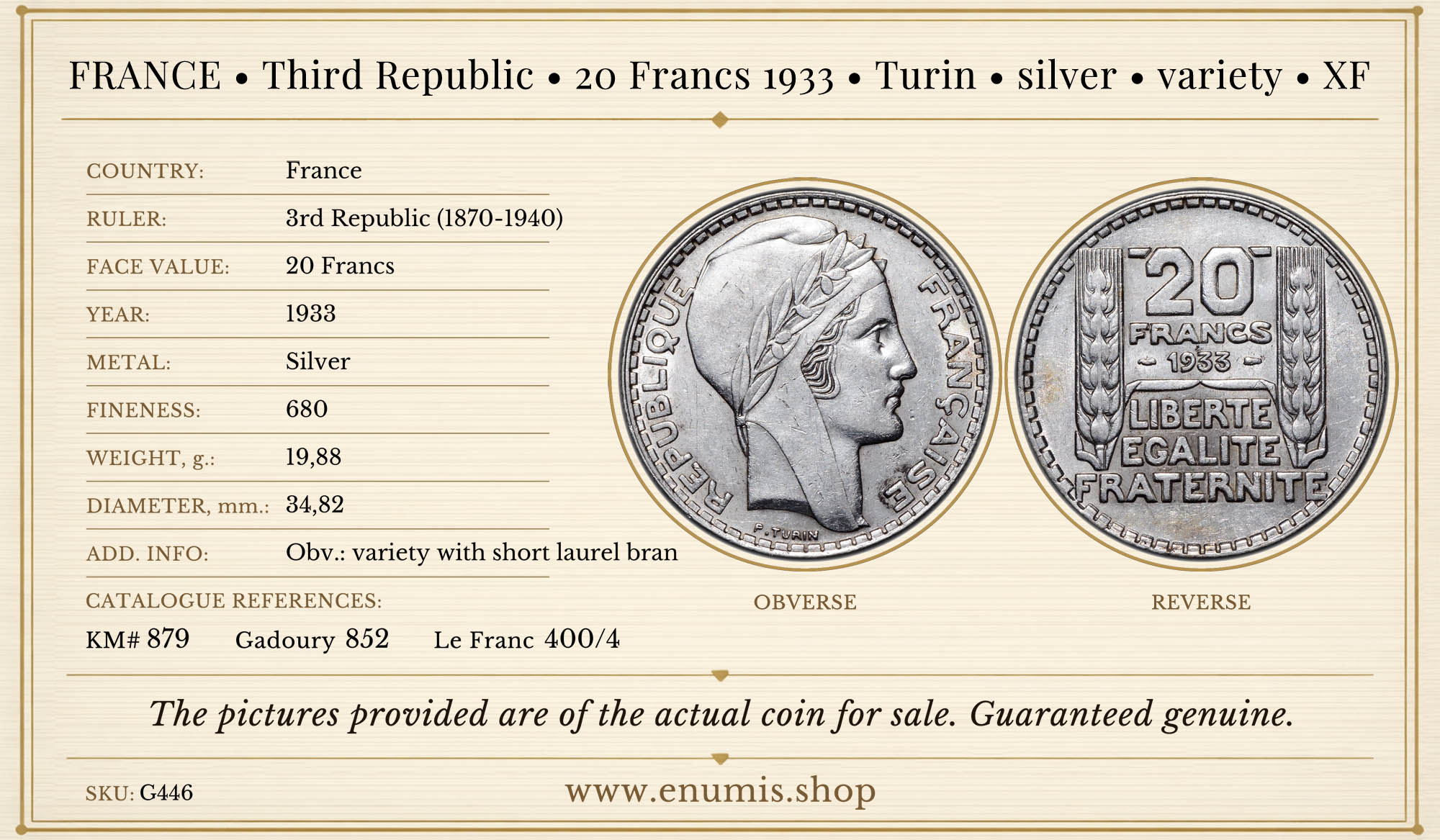 FRANCE, Third Republic, 20 Francs 1933, Turin, silver, variety, XF