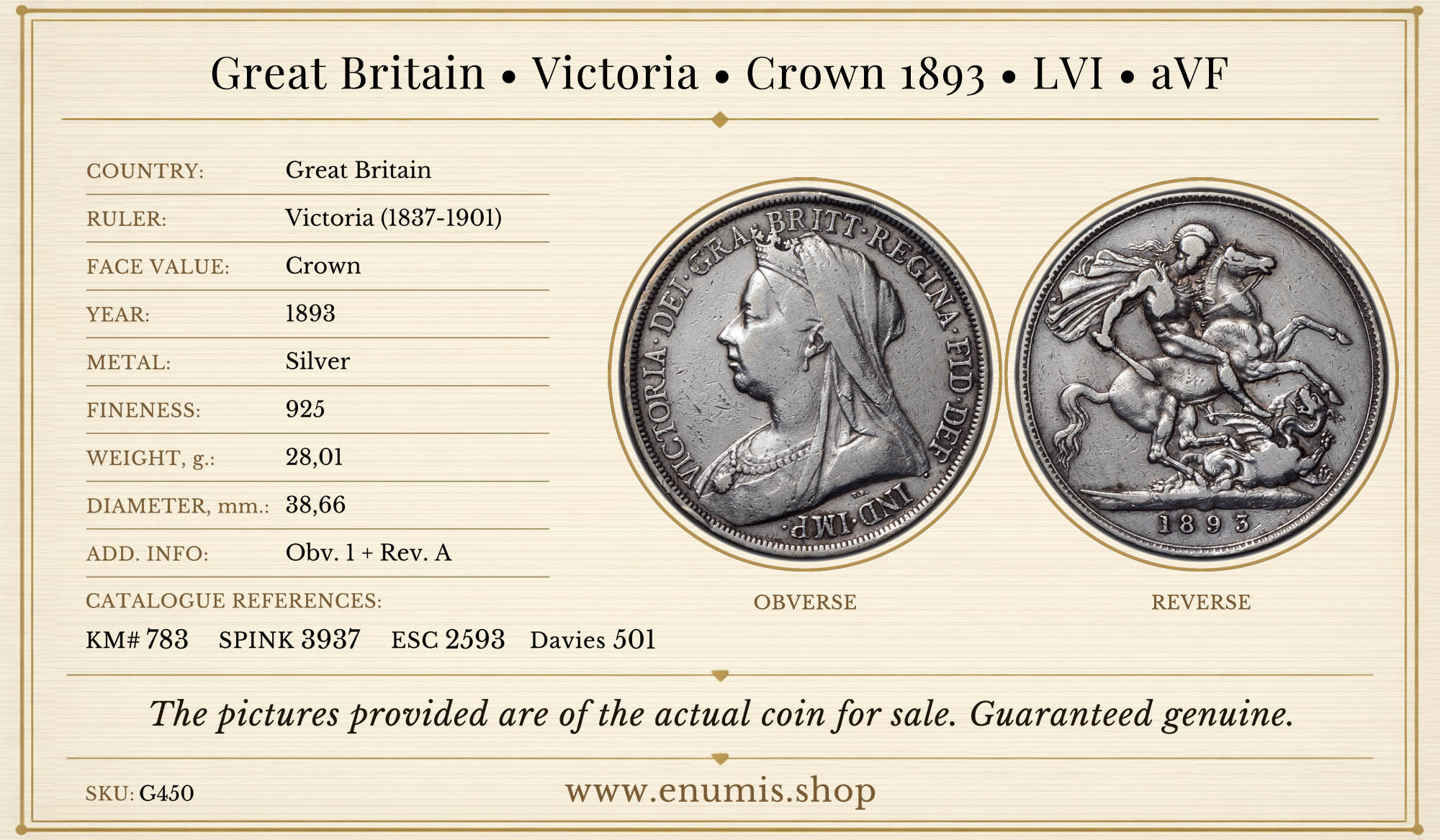 Great Britain, Victoria, Crown 1893, LVI, aVF Great Britain, Victoria, Crown 1893, LVI, aVF