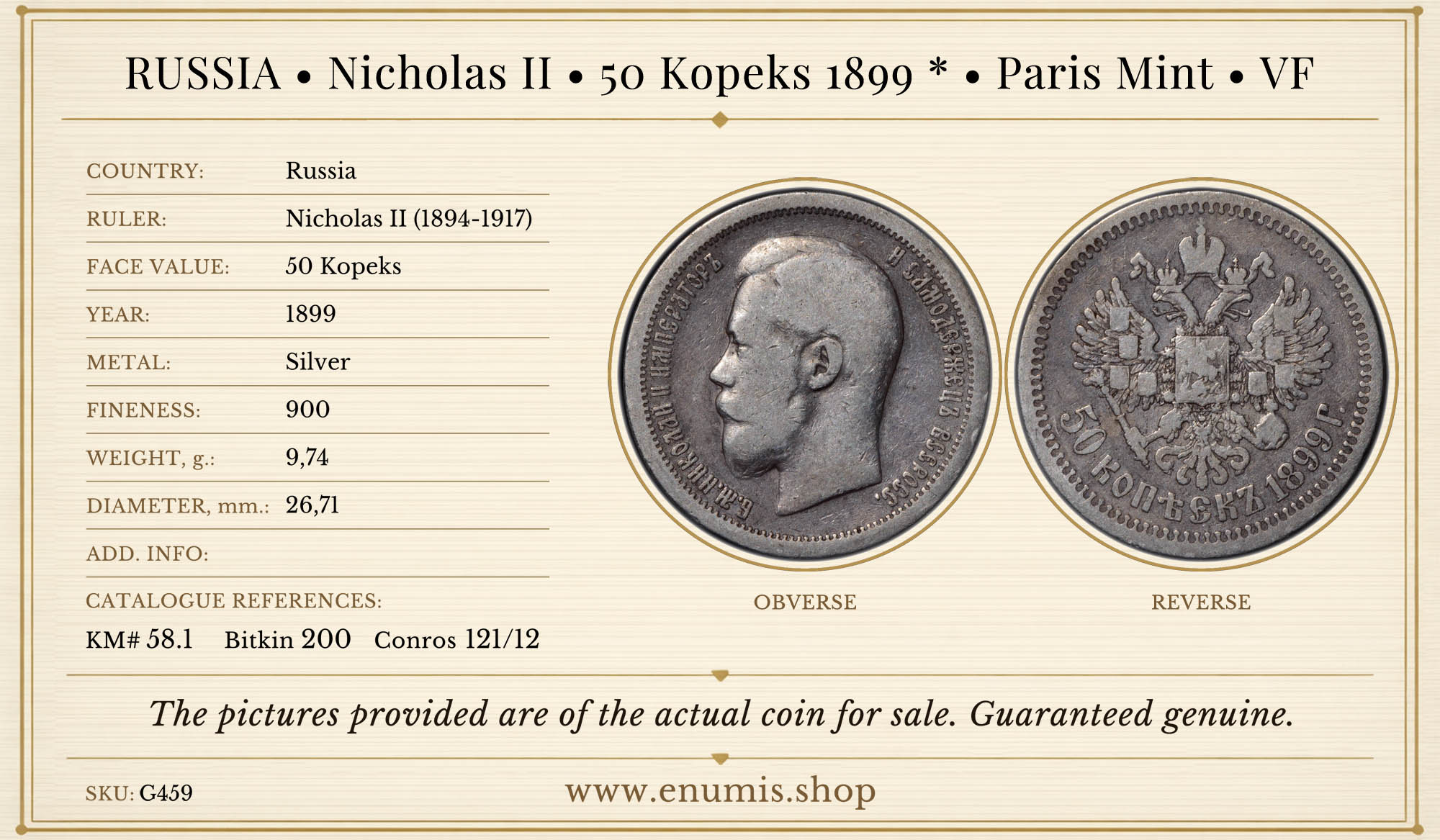 RUSSIA, Nicholas II, 50 Kopeks 1899 *, Paris Mint, VF