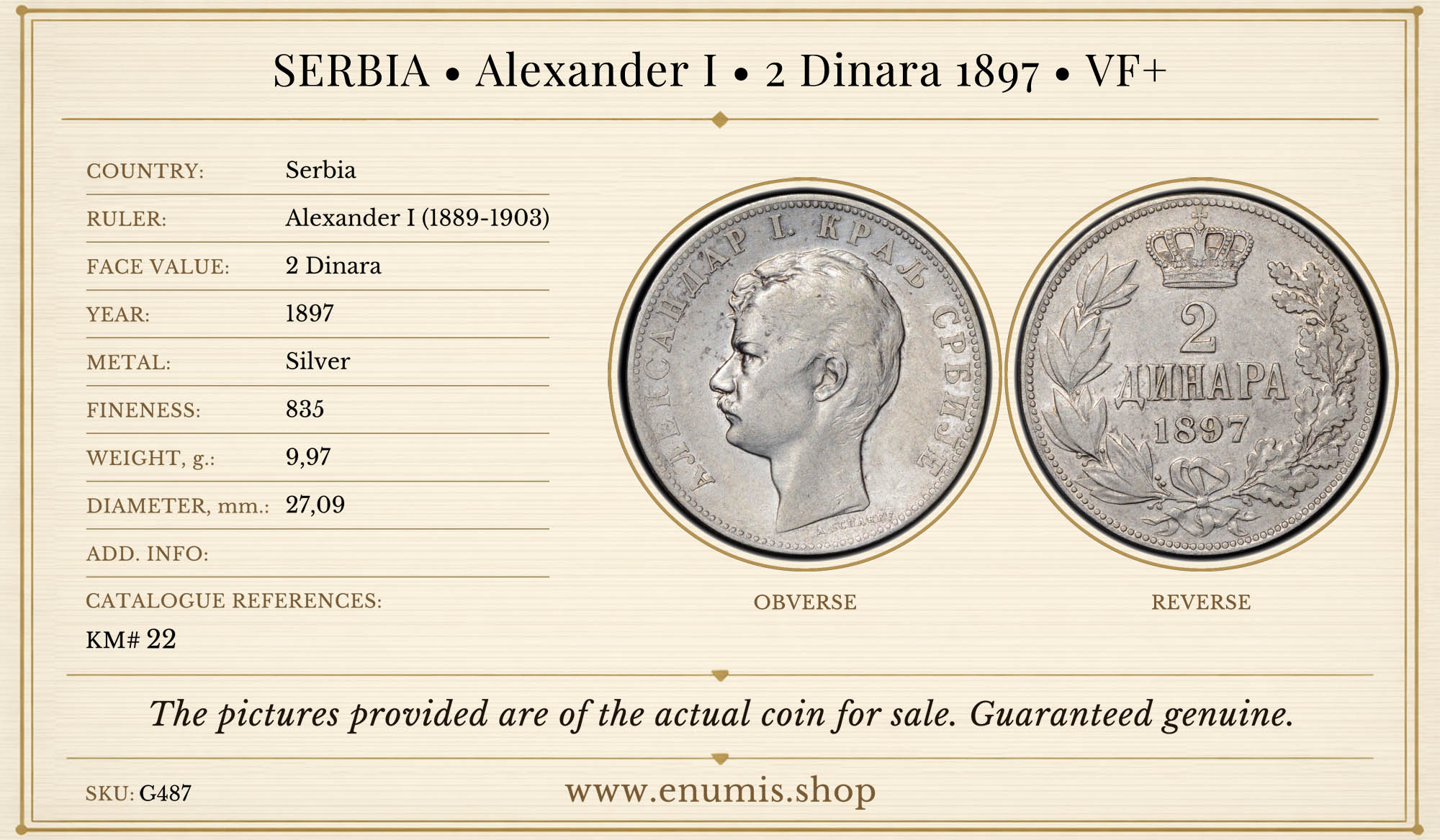 SERBIA, Alexander I, 2 Dinara 1897, VF+