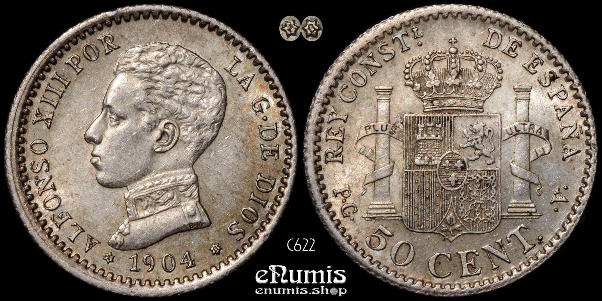 SPAIN, Alfonso XIII, 50 Centimos 1904 (1910) PC-V, UNC