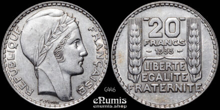 FRANCE, Third Republic, 20 Francs 1933, Turin, silver, variety, XF