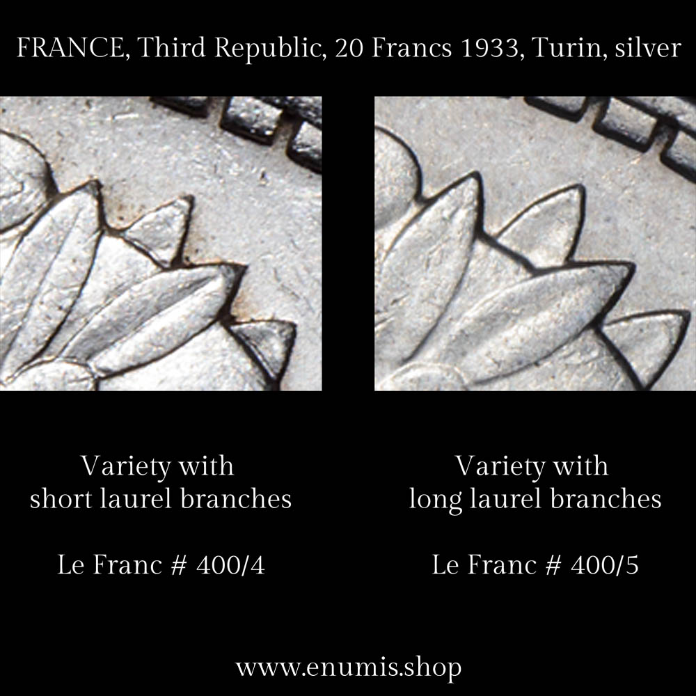 FRANCE, Third Republic, 20 Francs 1933, Turin, silver, variety, XF