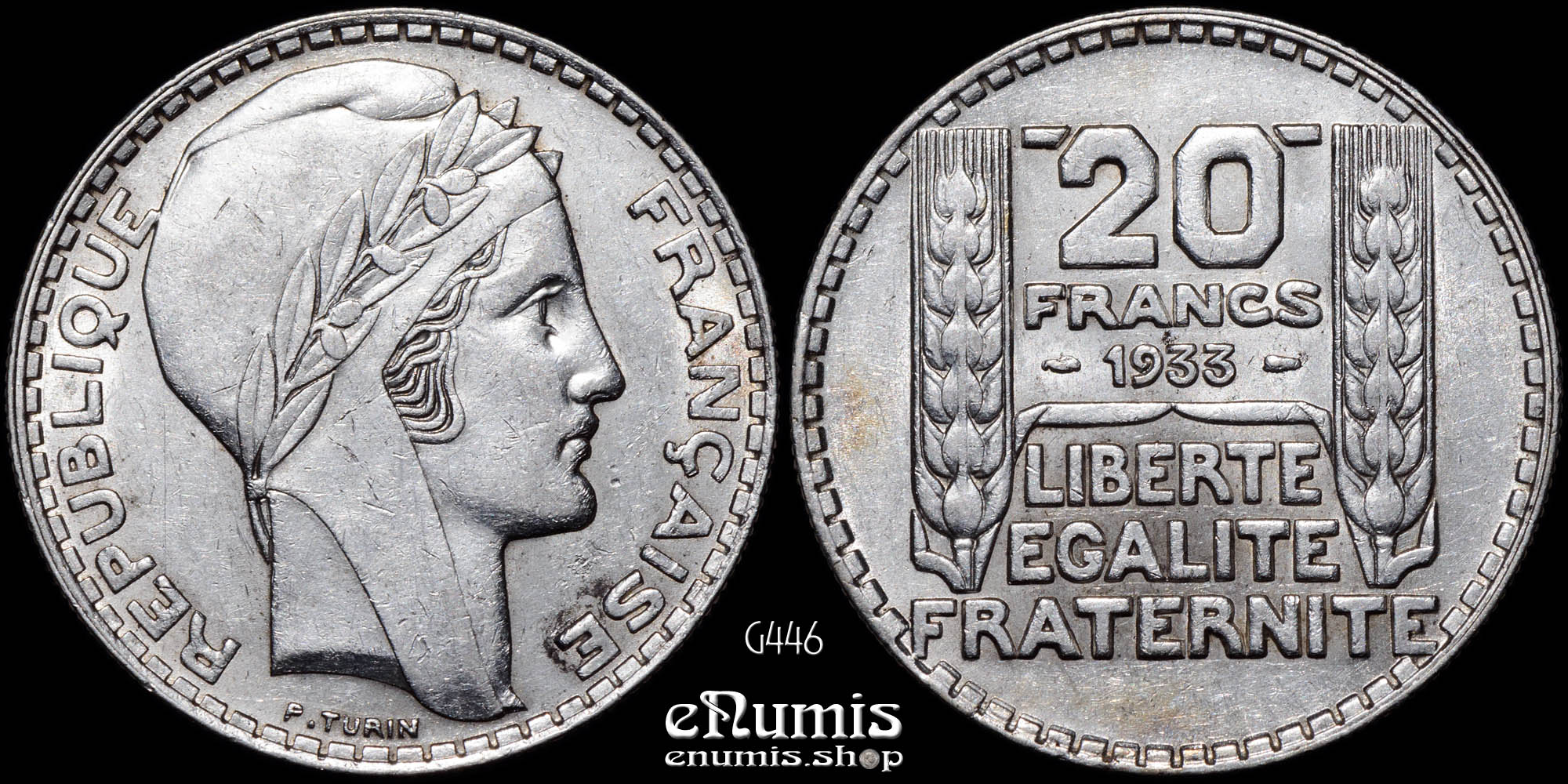 FRANCE, Third Republic, 20 Francs 1933, Turin, silver, variety, XF
