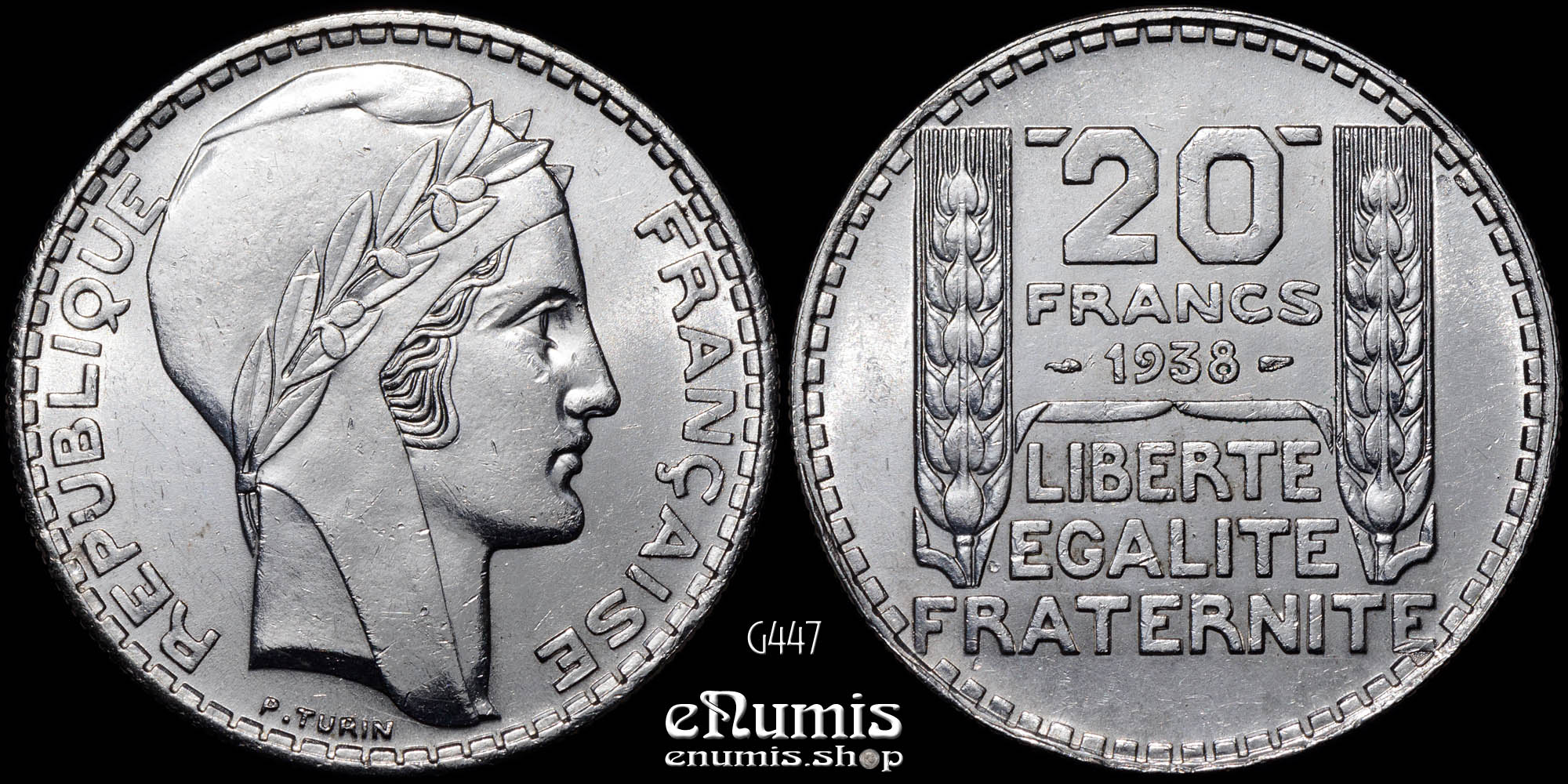 FRANCE, Third Republic, 20 Francs 1938, Turin, silver, XF-UNC FRANCE, Third Republic, 20 Francs 1938, Turin, silver, XF-UNC