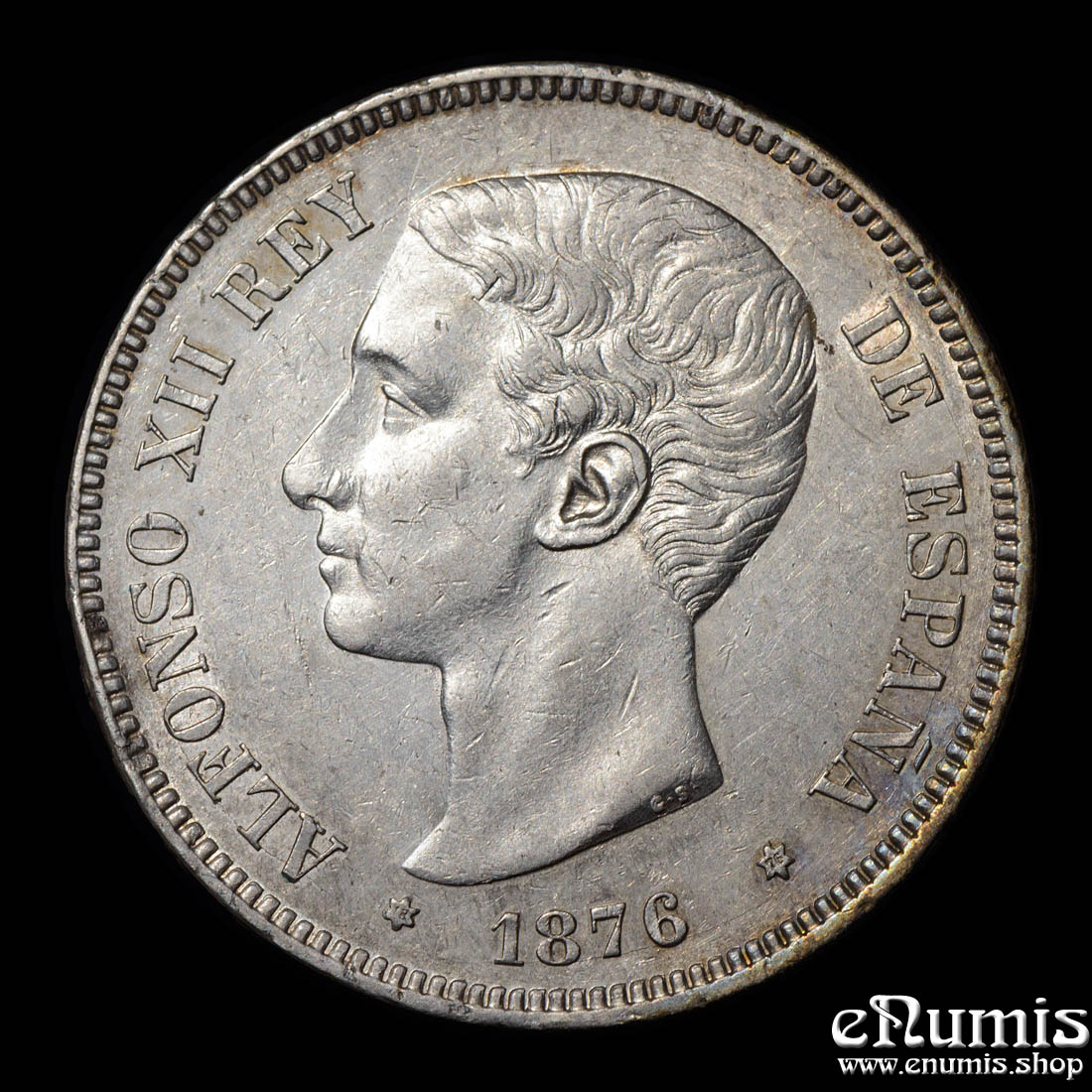 SPAIN, Alfonso XII, 5 Pesetas 1876 DE-M, variety, XF+ SPAIN, Alfonso XII, 5 Pesetas 1876 DE-M, variety, XF+