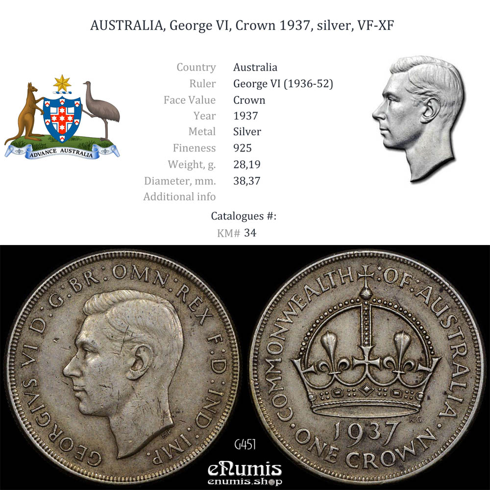 AUSTRALIA, George VI, Crown 1937, silver, VF-XF