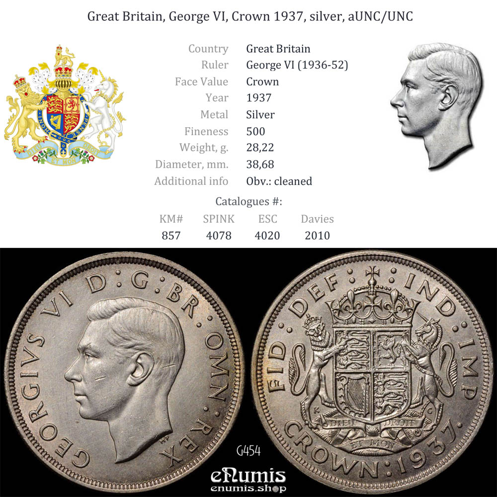 Great Britain, George VI, Crown 1937, silver, aUNC/UNC Great Britain, George VI, Crown 1937, silver, aUNC/UNC