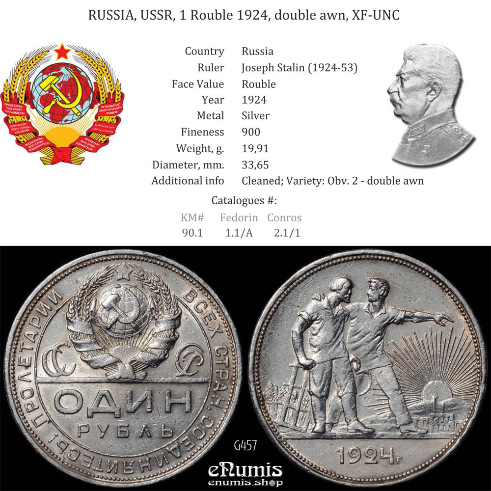RUSSIA, USSR, 1 Rouble 1924, double awn, XF-UNC