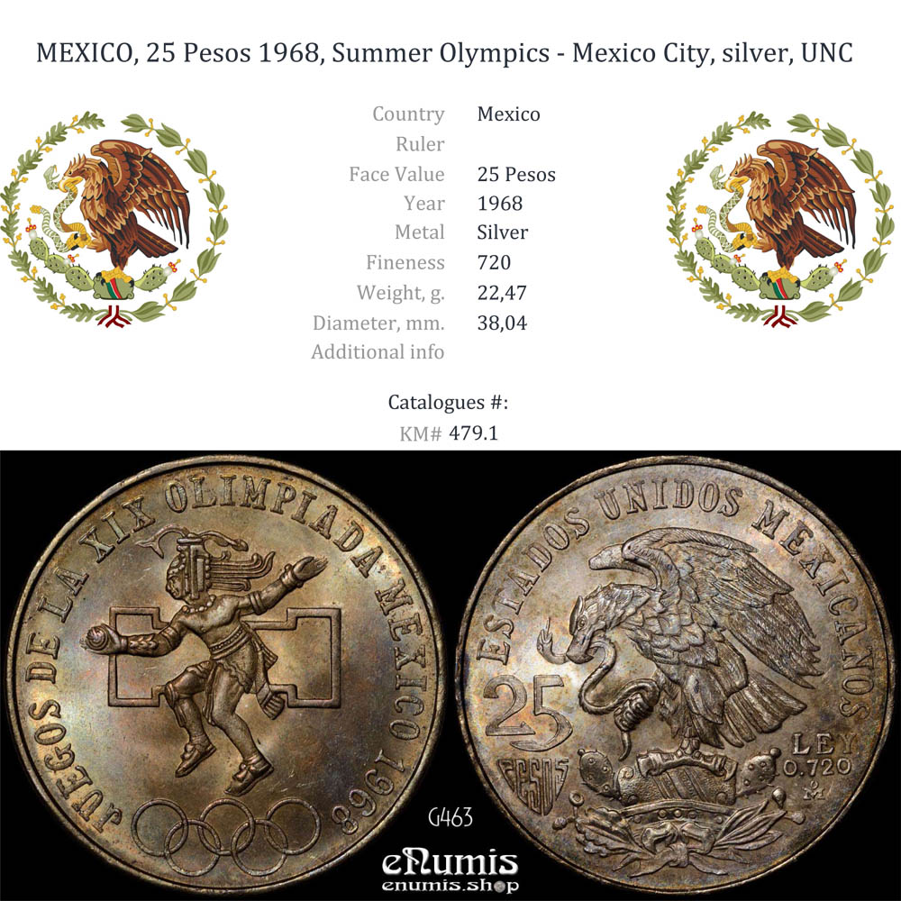 MEXICO, 25 Pesos 1968, Summer Olympics - Mexico City, silver, UNC