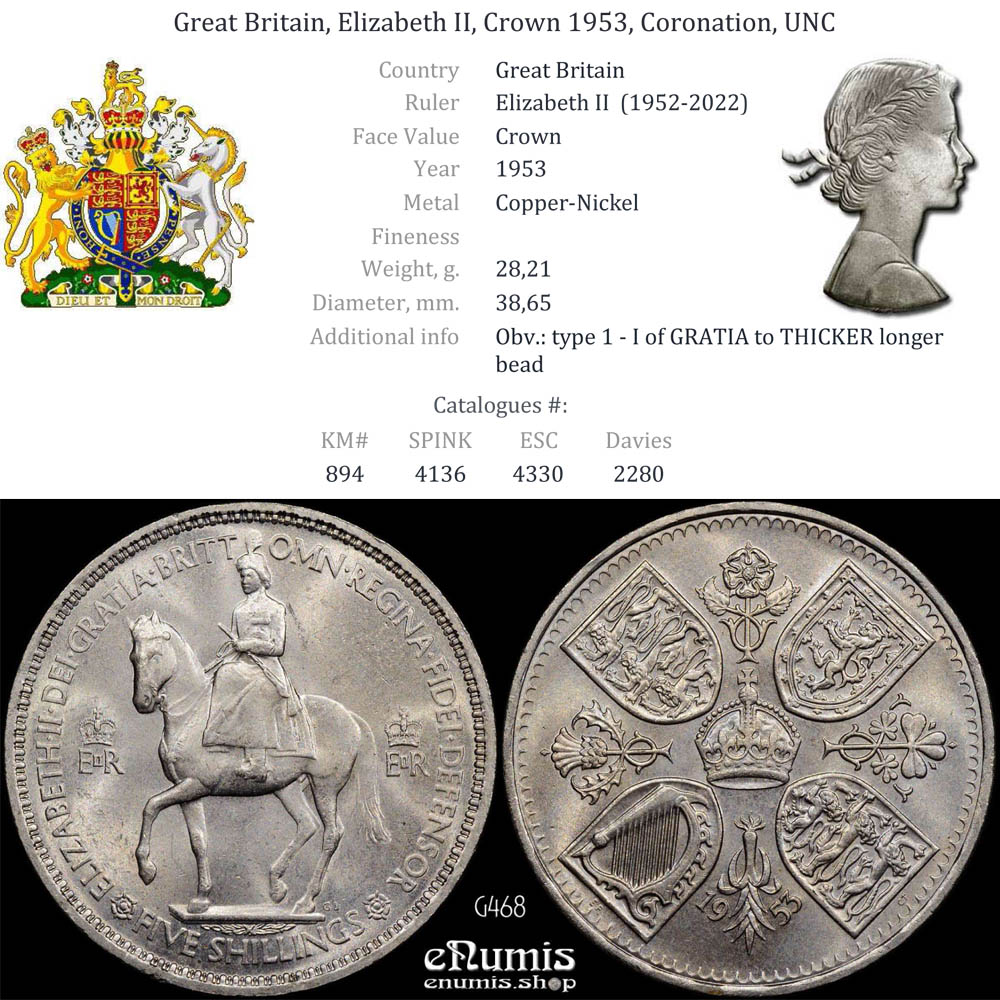 Great Britain, Elizabeth II, Crown 1953, Coronation, UNC