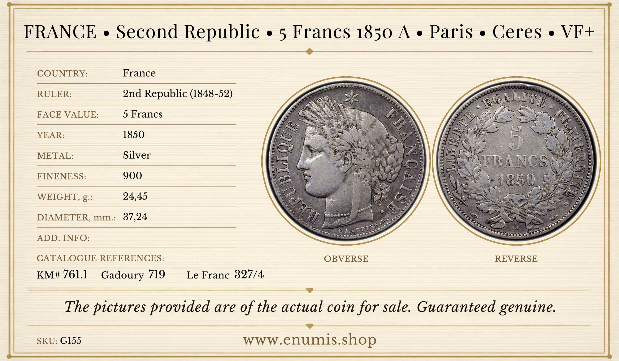 FRANCE, Second Republic, 5 Francs 1850 A, Paris, Ceres, VF+