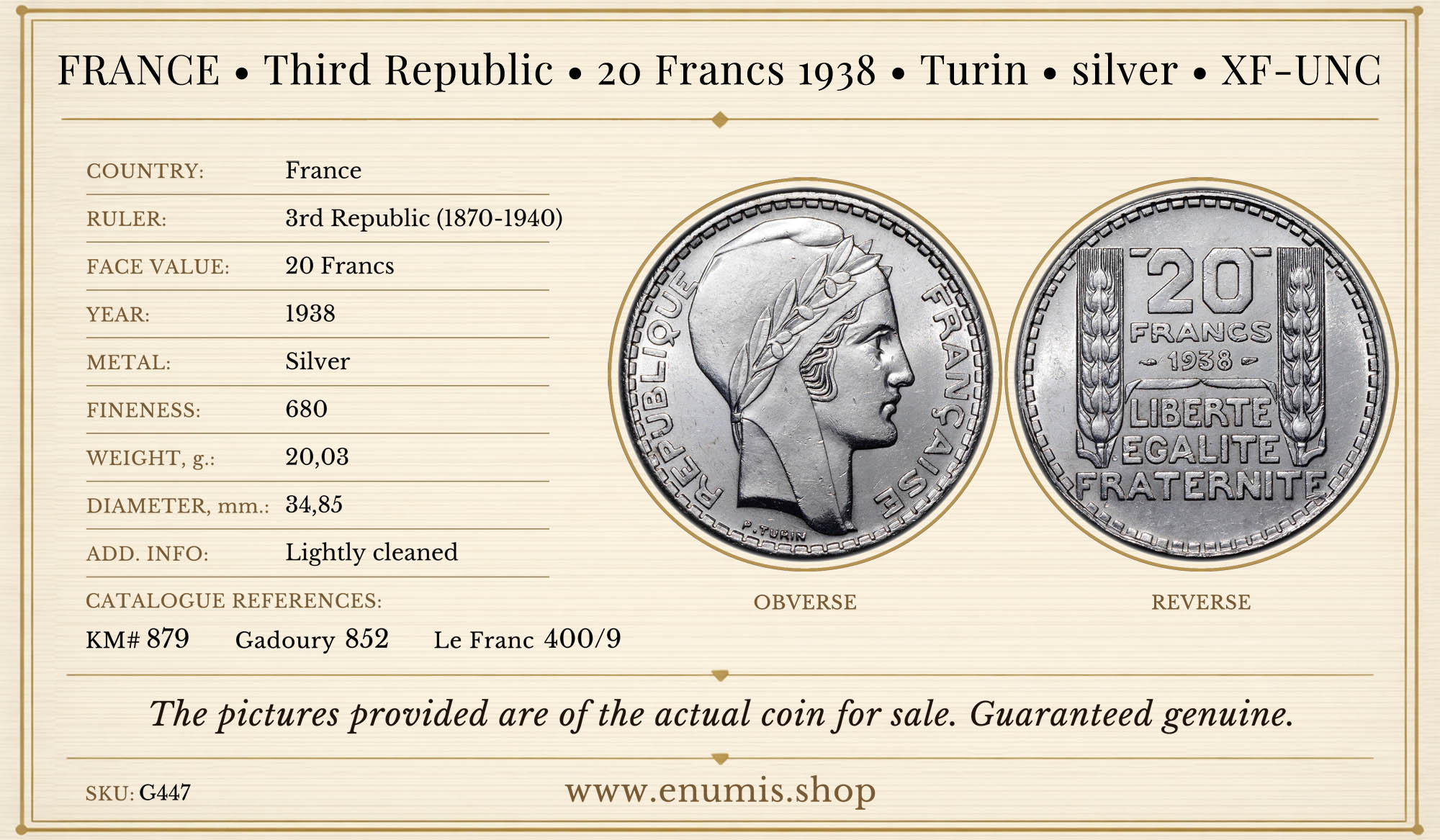 FRANCE, Third Republic, 20 Francs 1938, Turin, silver, XF-UNC FRANCE, Third Republic, 20 Francs 1938, Turin, silver, XF-UNC