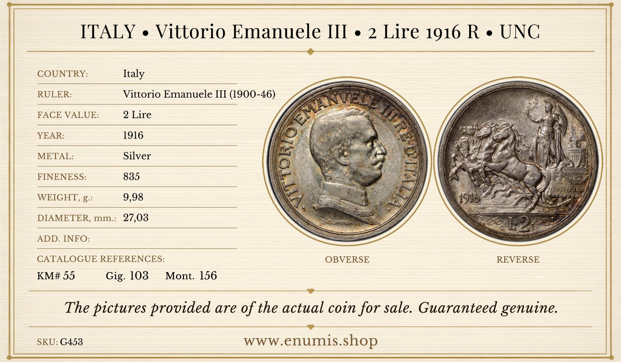 ITALY, Vittorio Emanuele III, 2 Lire 1916 R, UNC