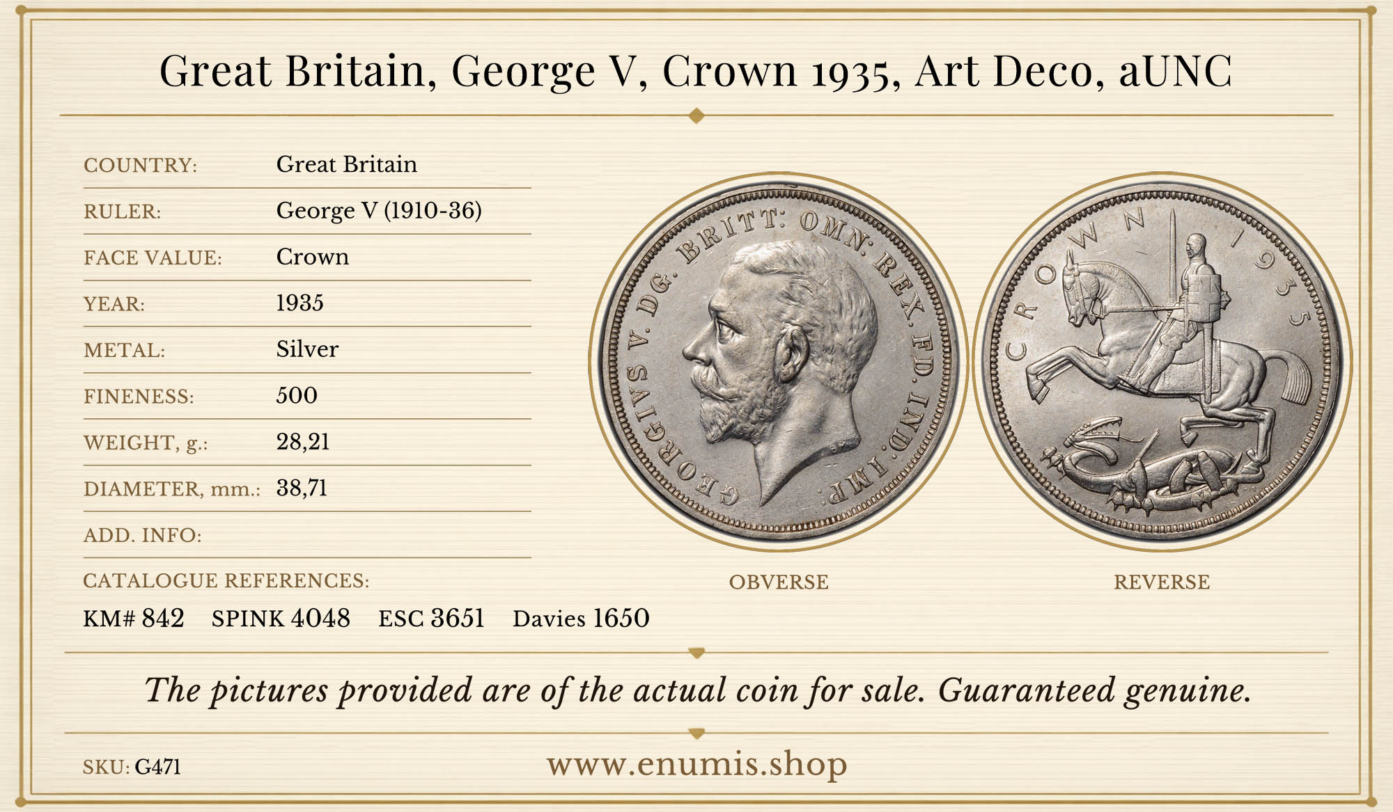 Great Britain, George V, Crown 1935, Art Deco, aUNC