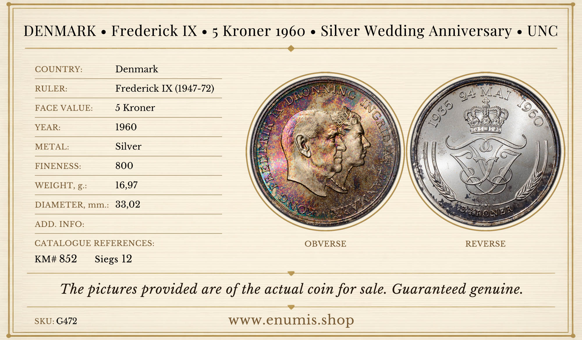DENMARK, Frederick IX, 5 Kroner 1960, Silver Wedding Anniversary, UNC