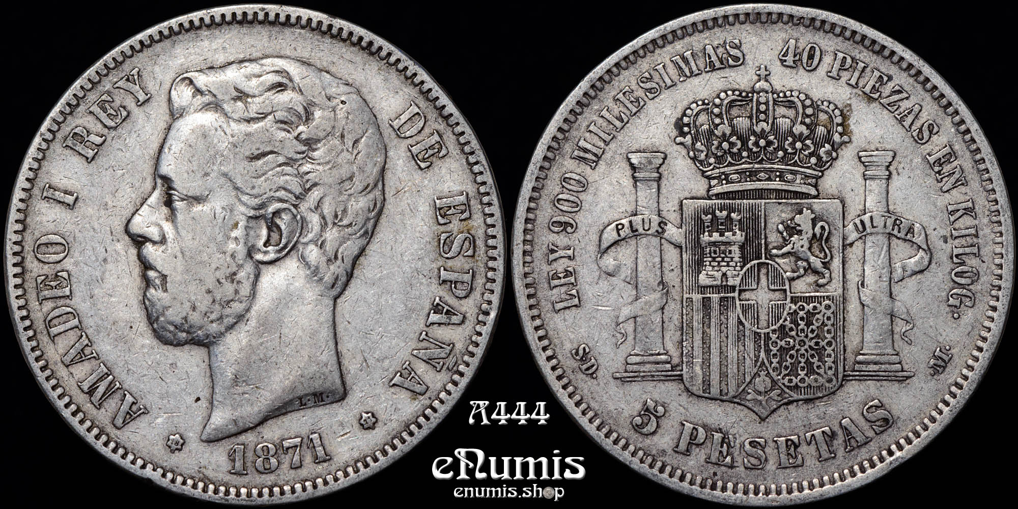SPAIN, Amadeo I, 5 Pesetas 1871 SD-M, VF+ SPAIN, Amadeo I, 5 Pesetas 1871 SD-M, VF+