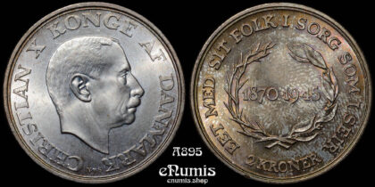 DENMARK, Christian X, 2 Kroner 1945, King’s 75th Birthday, UNC
