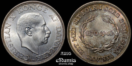 DENMARK, Christian X, 2 Kroner 1945, King’s 75th Birthday, UNC