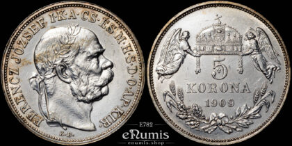 HUNGARY, Franz Joseph I, 5 Korona 1909, better date, aUNC