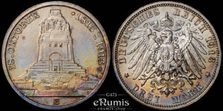Germany, Saxony, Friedrich August III, 3 Mark 1913, Battle of Leipzig, XF-UNC