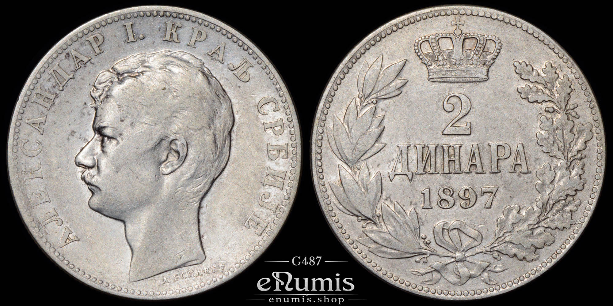 SERBIA, Alexander I, 2 Dinara 1897, VF+
