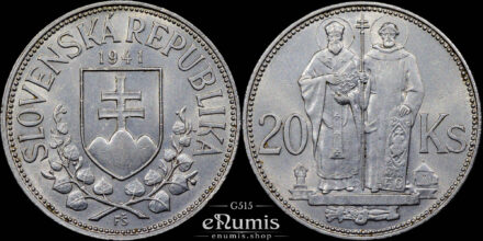 Slovakia, 20 Korun 1941, silver, St. Cyril and St. Methodius, UNC
