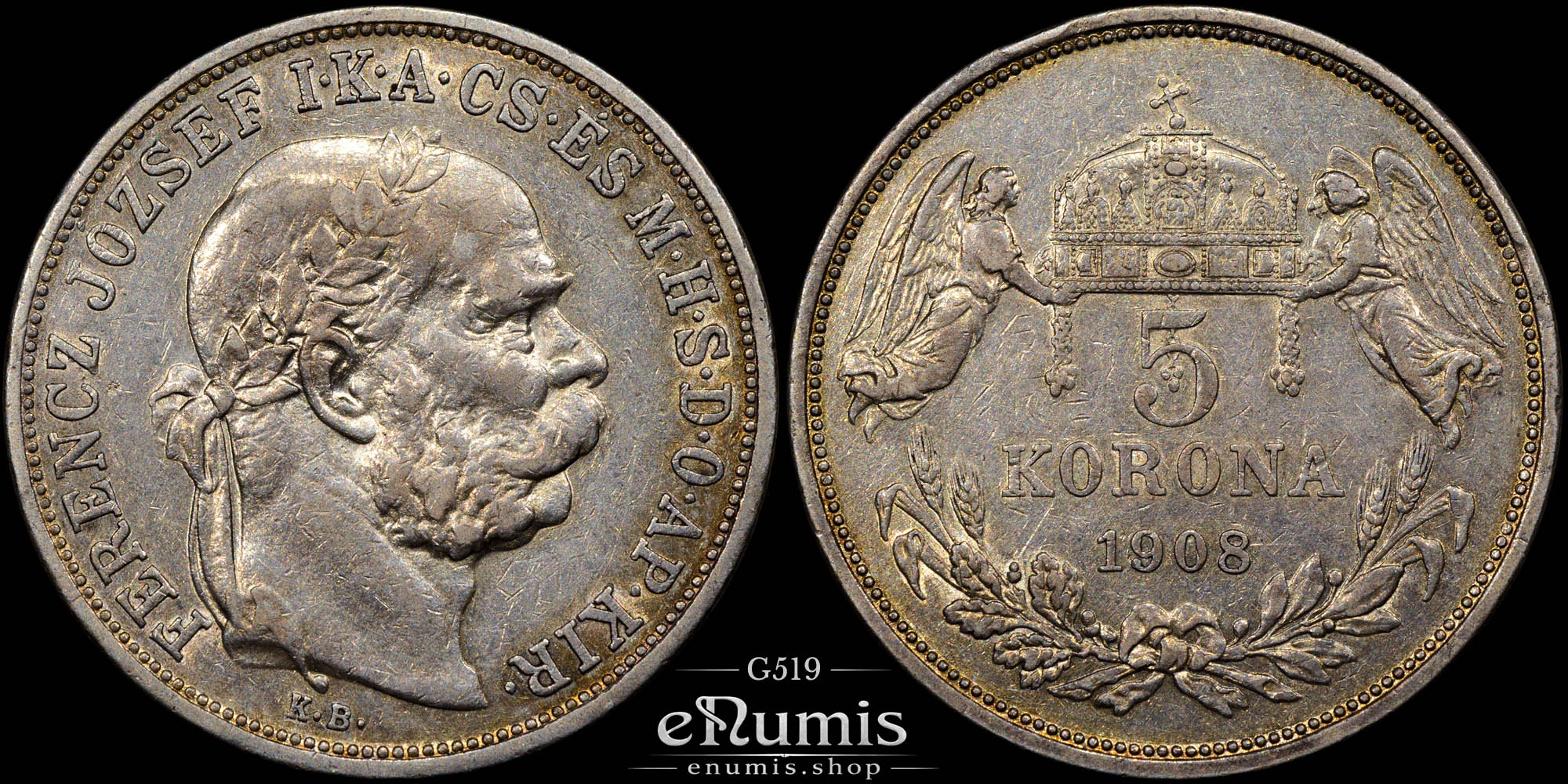 HUNGARY, Franz Joseph I, 5 Korona 1908, XF