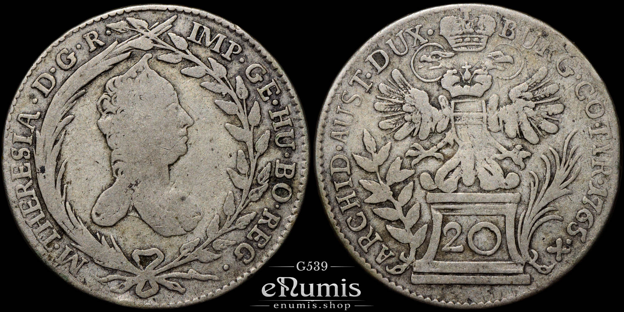 AUSTRIA, Maria Theresa, 20 Kreuzer 1765, Vienna, aVF