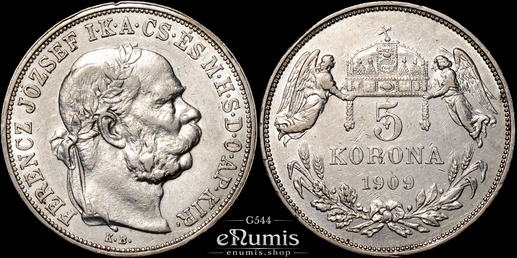 HUNGARY, Franz Joseph I, 5 Korona 1909, better date, XF+
