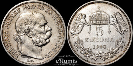 HUNGARY, Franz Joseph I, 5 Korona 1908, aXF