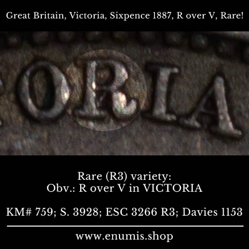 Great Britain, Victoria, Sixpence 1887, R over V, Rare!, VF+