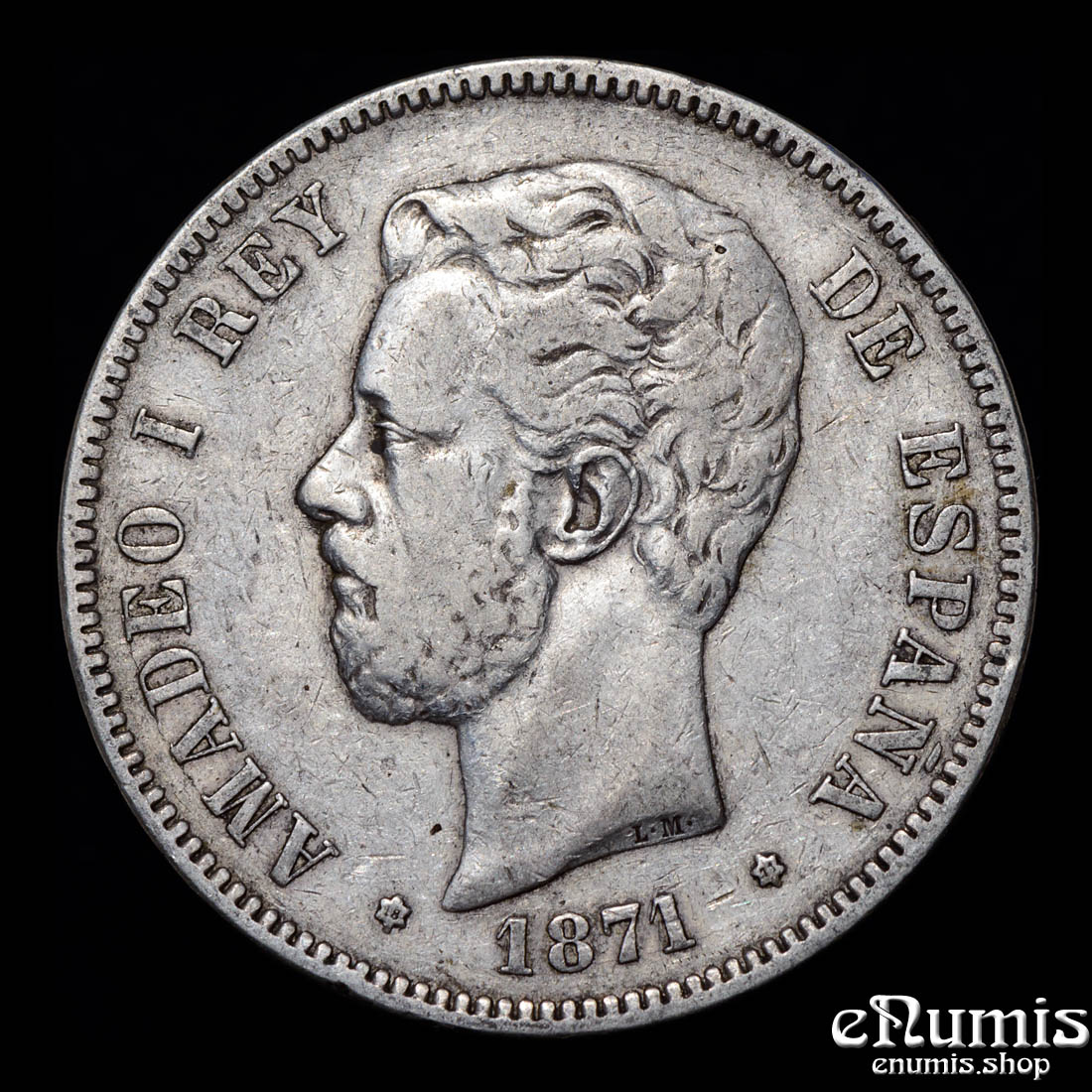 SPAIN, Amadeo I, 5 Pesetas 1871 SD-M, VF+ SPAIN, Amadeo I, 5 Pesetas 1871 SD-M, VF+