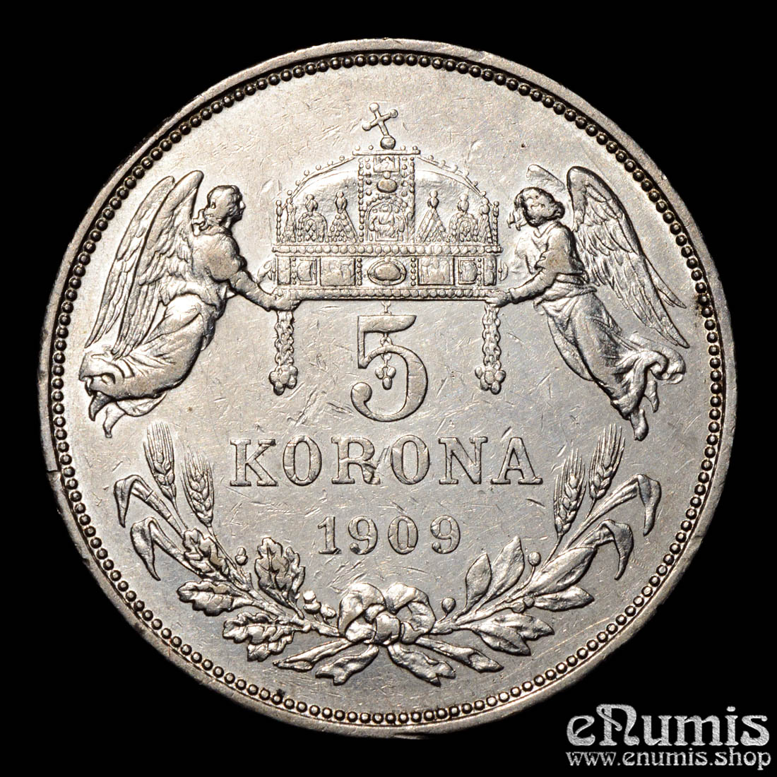 HUNGARY, Franz Joseph I, 5 Korona 1909, better date, XF+