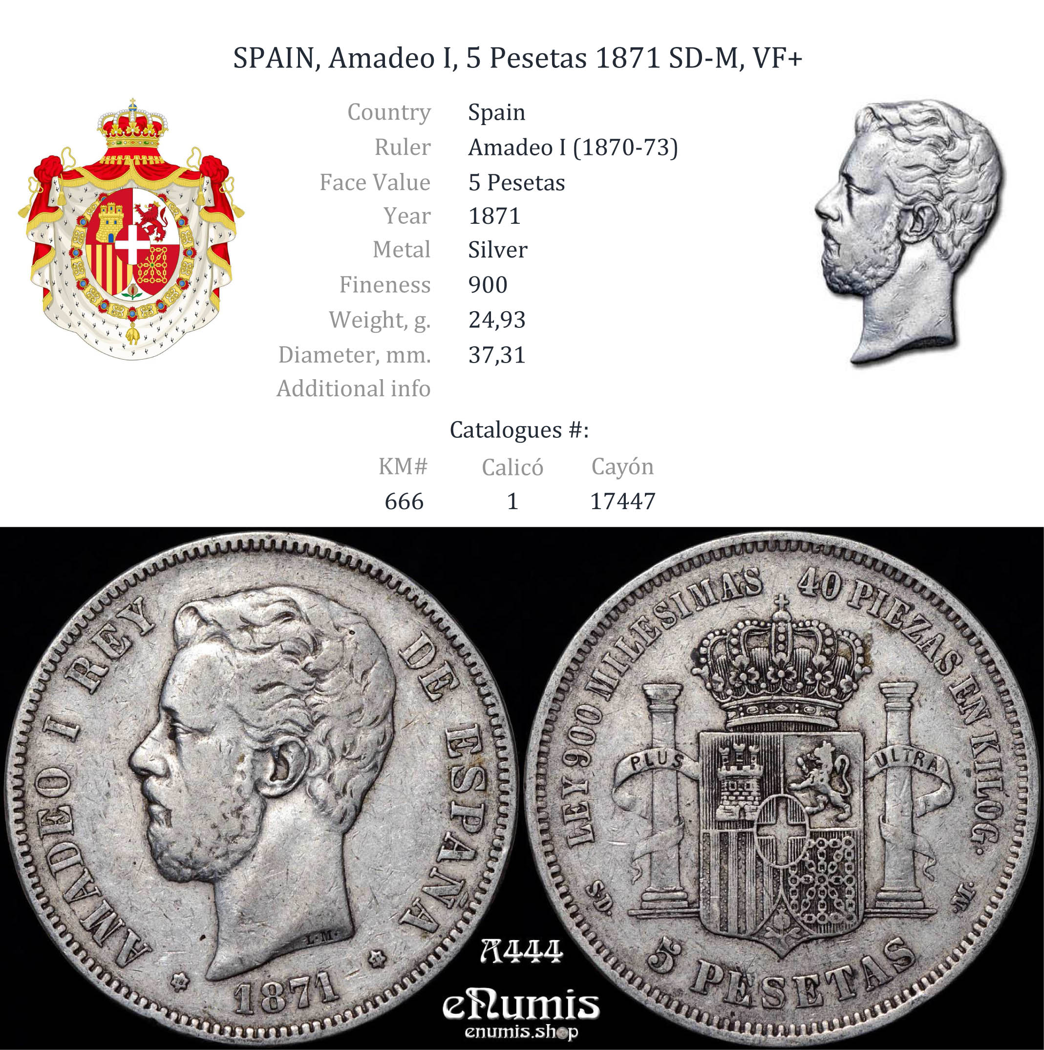 SPAIN, Amadeo I, 5 Pesetas 1871 SD-M, VF+ SPAIN, Amadeo I, 5 Pesetas 1871 SD-M, VF+