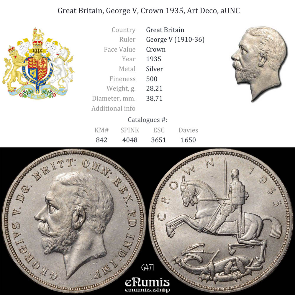 Great Britain, George V, Crown 1935, Art Deco, aUNC