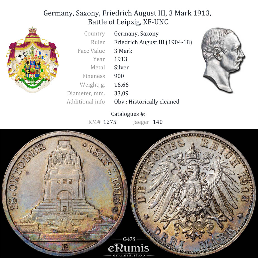 Germany, Saxony, Friedrich August III, 3 Mark 1913, Battle of Leipzig, XF-UNC