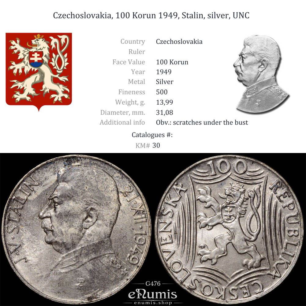 Czechoslovakia, 100 Korun 1949, Stalin, silver, UNC Czechoslovakia, 100 Korun 1949, Stalin, silver, UNC