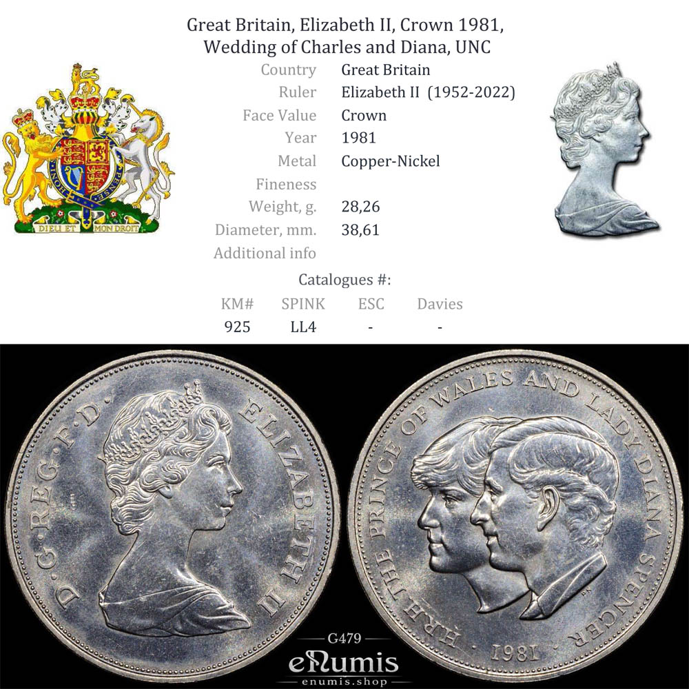 Great Britain, Elizabeth II, Crown 1981, Wedding of Charles and Diana, UNC Great Britain, Elizabeth II, Crown 1981, Wedding of Charles and Diana, UNC