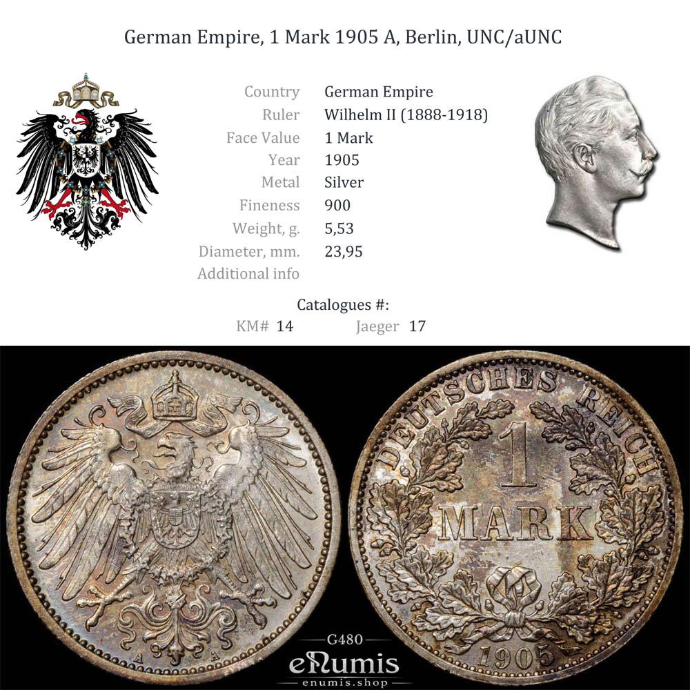 German Empire, 1 Mark 1905 A, Berlin, UNC/aUNC